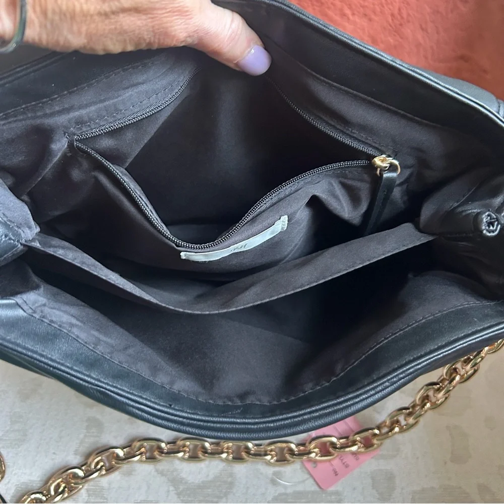 Black Quilted Shoulder Bag with Gold Chain Strap
